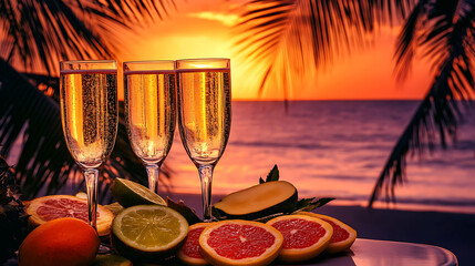 Champagne glasses clinking over a table with tropical fruit slices, palm trees framing a bright coral sky at the beach during golden hour
