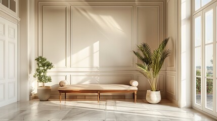 Contemporary living room with an elegant sofa and a bench.