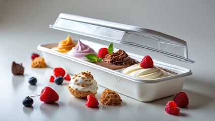 Assorted ice cream and desserts in a white container with berries, cookies, and toppings. Delicious treats display. Sweetness and dessert assortment.