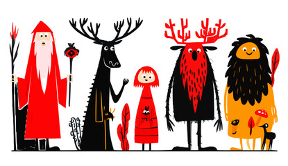 Fairy tale, sorcerer, forest spirits, isolates, vector graphics, colored icons for children, white background, Red World style. Editable line icons. Vector illustration.