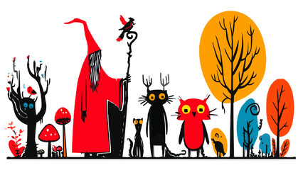 Fairy tale, sorcerer, forest spirits, isolates, vector graphics, colored icons for children, white background, Red World style. Editable line icons. Vector illustration.