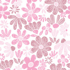 Lively floral pattern bursts with hand-drawn charm, featuring whimsical flowers in a delightful mix of lavender. Each flower is illustrated with sketch-like lines, giving it a casual, artistic feel.