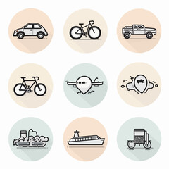 Nine minimalist line icons depict various modes of transportation: car, bicycle, truck, airplane, boat, and more.