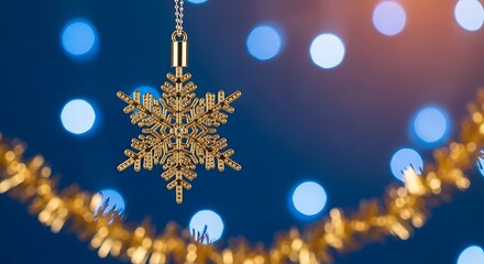 Elegant gold snowflake ornament hangs against a bokeh background of blue and orange lights
