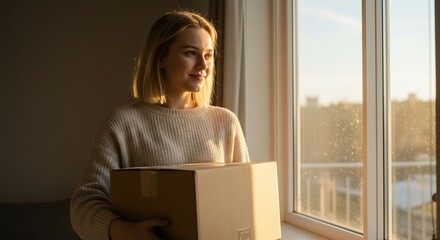 Woman holding box near window in warm sunlight delivery or relocation