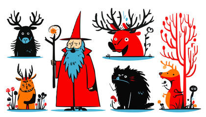 Fairy tale, sorcerer, forest spirits, isolates, vector graphics, colored icons for children, white background, Red World style. Editable line icons. Vector illustration.