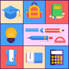 This colorful school-themed illustration features a 3x3 grid layout filled with essential educational tools and supplies. Each panel represents a specific item commonly used by students and teachers, 