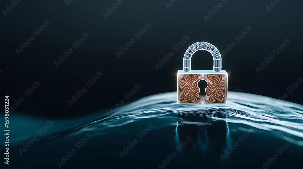 Poster digital lock security: a stylized image of a padlock rendered in a wireframe style, resting on rippl