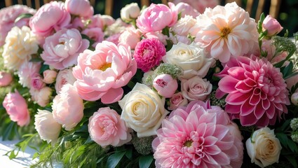 A bouquet of flowers with pink, white, and cream-colored blossoms, including roses and dahlias, arranged with green foliage.