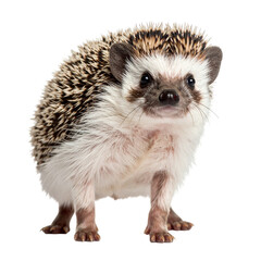 Cute african pygmy hedgehog standing and looking forward isolated on transparent background