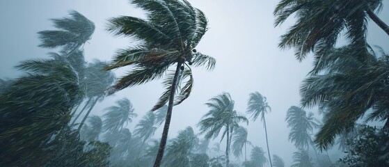 Swaying palms silhouetted against stormy skies with lashing rain under hurricane force, low-angle shot showcasing intense nature fury for documentary filmmaking.