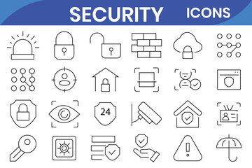Security web icons in line style. Guard, cyber security, password, smart home, safety, data protection, key, shield, lock, unlock, eye access. Vector illustration.
