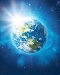 Fototapeta premium Realistic Earth globe with ozone layer shield and sun rays deflected, clean air and climate change theme, digital illustration