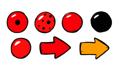Fairy tale, navigation buttons, arrows, attention signs, isolates, vector graphics, colored icons for children, white background, Red World style.   Editable line icons. Vector illustration.