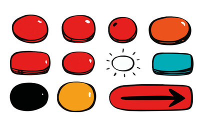 Fairy tale, navigation buttons, arrows, attention signs, isolates, vector graphics, colored icons for children, white background, Red World style.   Editable line icons. Vector illustration.