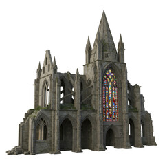 3D Illustration of Ruined Gothic Church with Stained Glass