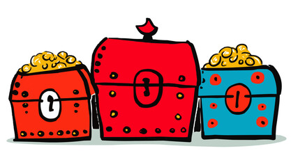 Fairy tale, chests of gold, isolates, vector graphics, colored icons for children, white background, Red World style.   Editable line icons. Vector illustration.