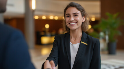 Obraz premium Confident Businesswoman Shaking Hands in Modern Office Lobby