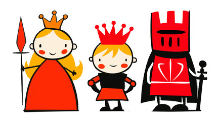 Fairy tale, princess, knight, isolates, vector graphics, colored icons for children, white background, Red World style. Editable line icons. Vector illustration.