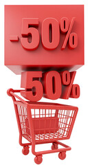 3D Illustration of Shopping Cart with 50% Discount