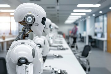 Humanoid robots sitting at desks in modern office: embracing the future of work