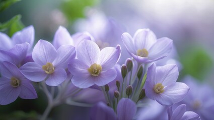Close-up of purple flowers with yellow centers and buds, soft focus background.