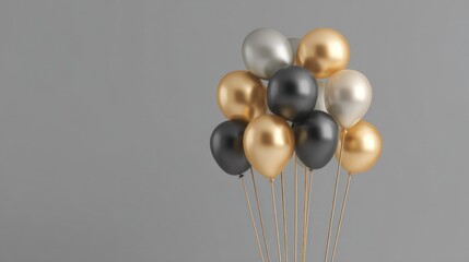 Metallic balloons clustered together against a neutral backdrop