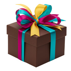 3D Illustration of Brown Gift Box Tied With Teal Purple and Yellow Ribbon