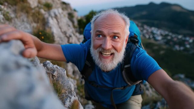 Elderly Ascent: A determined elderly man with a weathered, smiling face fearlessly scales a rocky mountainside, backpack at the ready. This captures the spirit of adventure.
