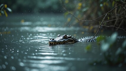 A crocodile swimming in water with surrounding greenery.