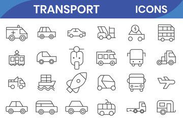 Transport icon set. Containing car, bike, plane, train, bicycle, motorbike, bus and scooter icons. Vector Illustration