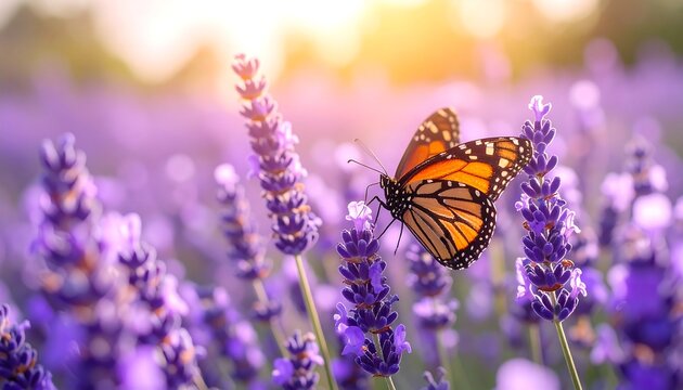 Monarch Butterfly on Lavender Field Nature's Beauty in Sunlight