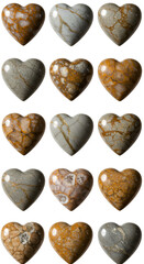 3D Illustration of Fifteen Gold And Stone Heart Shapes Isolated on Black