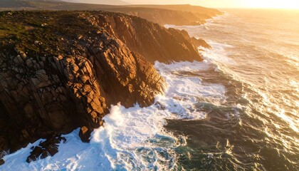 Coastal Cliff Rock Formations with Crashing Waves at Sunset