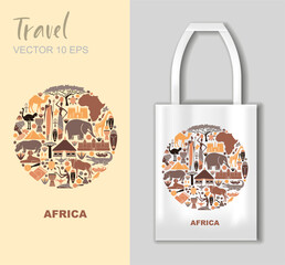 Traditional African vector in round shape with animals, masks and tribal elements on tote bag mockup. Perfect for travel, culture and ethnic design.
