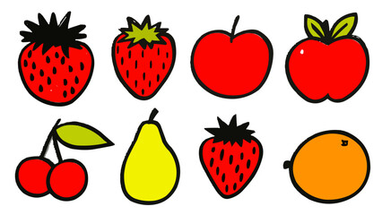 Fairy tale, vegetables and fruits, isolates, vector graphics, colored icons for children, white background, Red World style. Editable line icons. Vector illustration.