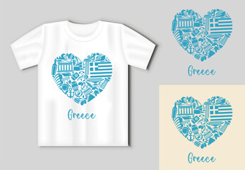Monochrome vector design with Greek cultural icons arranged in heart shape on T shirt mockup. Includes traditional food, architecture, columns and national flag.
