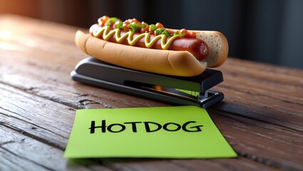 Hotdog placed on a stapler with a green note that says "HOTDOG".