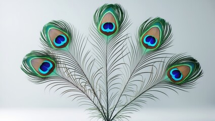 Peacock feathers with vibrant eye patterns and detailed filaments, displayed against a plain background. Elegant nature and bird plumage.