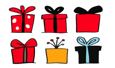 Fairy tale, boxes with gifts, isolates, vector graphics, colored icons for children, white background, Red World style. Editable line icons. Vector illustration.