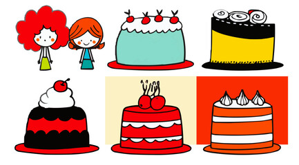 Fairy tale, cakes, isolates, vector graphics, colored icons, white background, Red World style. Editable line icons. Vector illustration.