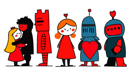 Fairy tale, princess, knight, isolates, vector graphics, colored icons for children, white background, Red World style. Editable line icons. Vector illustration.