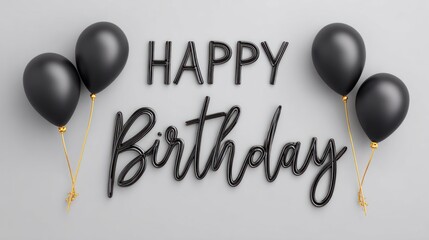 Black balloons and "Happy Birthday" text on a gray background