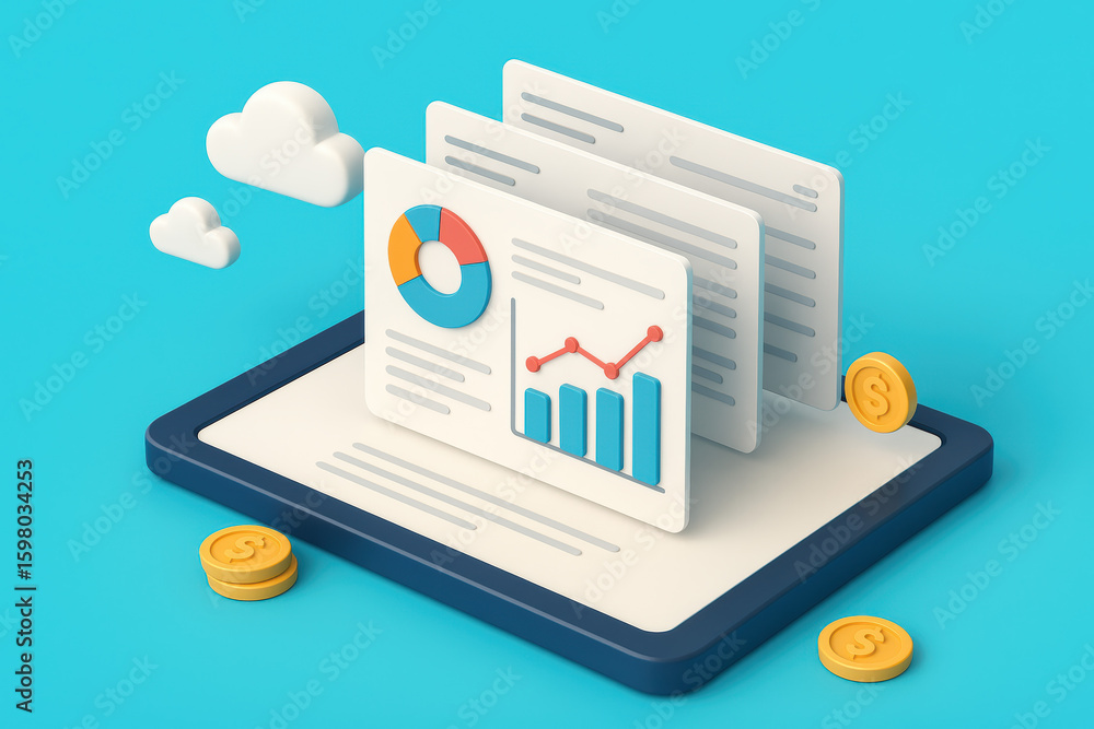 Poster analytics data finance dashboard insight and measurement report visualize layered tablet with coins 