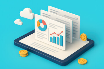Analytics data finance dashboard insight and measurement report visualize layered tablet with coins and cloud icons
