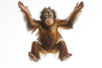 Naklejka premium Young orangutan swinging joyfully in the rainforest, embodying wildlife and nature's beauty.