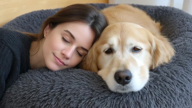A woman resting and cuddling with a golden retriever dog on bed. The woman seems to be peaceful and enjoying the moment with dog
