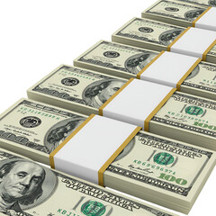 3D Illustration of Stacks of One Hundred Dollar Bills on Transparent Background