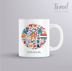 Colorful vector illustration with traditional Dutch elements in a round composition. Includes cheese, windmills, tulips, bike and more. Great for souvenirs, prints and travel designs. Mug mockup 