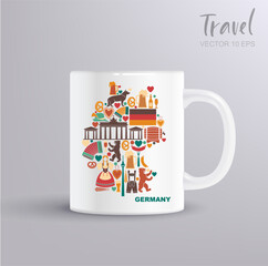 Vector illustration of Germany map made of national icons like beer, pretzel, sausage, bears, traditional clothes, architecture and more. Includes a clean white mug mockup. Perfect for souvenirs